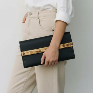 Leather Crossbody Bag, Small Black Purse with Wooden Accent
