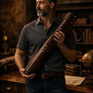 May include: A cylindrical, dark brown leather case with brass studs. The case is held by a person wearing a grey shirt and jeans. The background features a wooden desk, bookshelves, and a globe.