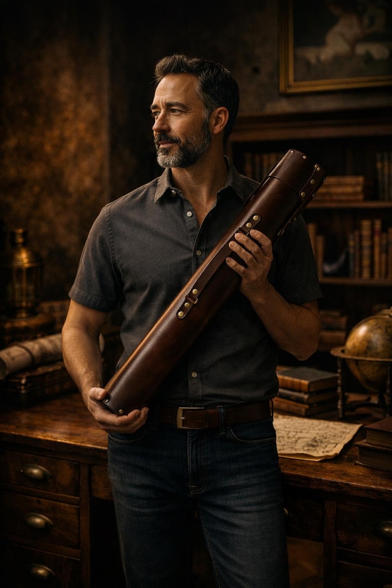 May include: A cylindrical, dark brown leather case with brass studs. The case is held by a person wearing a grey shirt and jeans. The background features a wooden desk, bookshelves, and a globe.