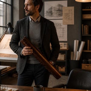 May include: A man in a grey sweater and dark blazer holds a brown leather document case. The office setting includes architectural drawings, a drafting table, and a mug on a wooden desk. The room has a dark, professional aesthetic.