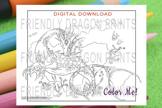 Pdf Adult Coloring Pages Png Printable Water Dragon Etsy