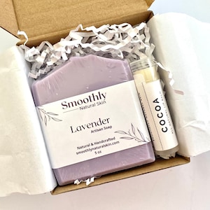 Soap Bar & Organic Lip Balm, Gift Set, All Natural Gift, Self Care Gift Set, Soap Gift Box, Spa, Homemade Organic Soap Bar, Lavender soap