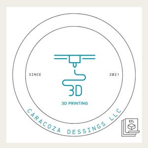 Puede incluir: Un logotipo para Caracoza Dessings LLC, una empresa de impresión 3D fundada en 2021. El logotipo presenta una impresora 3D estilizada con una línea de filamento que sale de la boquilla, formando el número "3". El texto "Impresión 3D" está debajo de la imagen. El nombre de la empresa está escrito en un círculo alrededor del logotipo.
