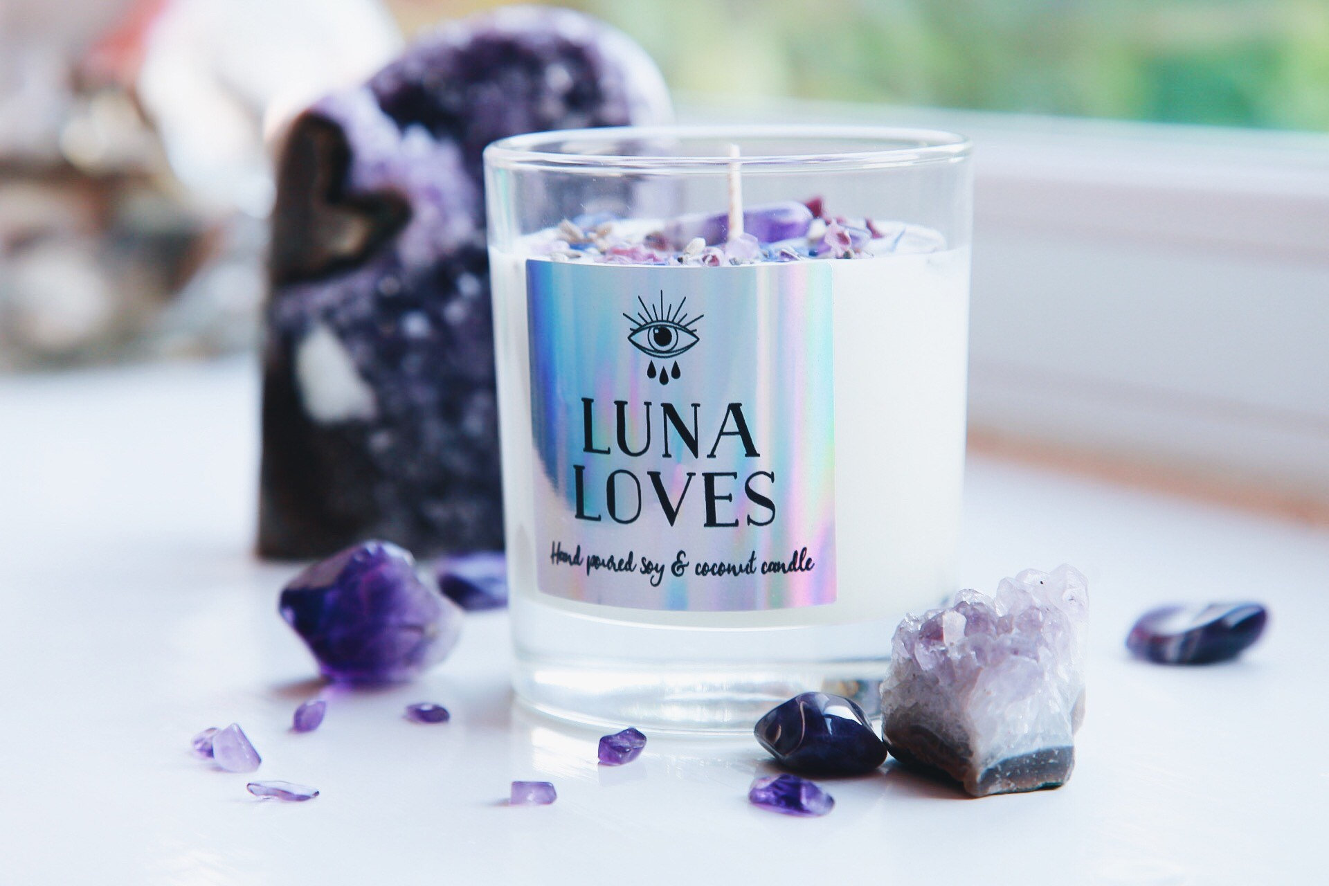Luna Aime Améthyste et Lavande Cristal Noix de Coco Bougie Luxe Biodégradable Végétalien