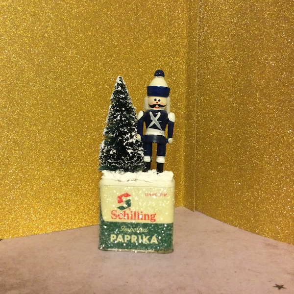 Vintage Spice Tin Christmas Decoration, Vintage Nutcracker with Mustache, Vintage Schilling, Bottle Brush Tree