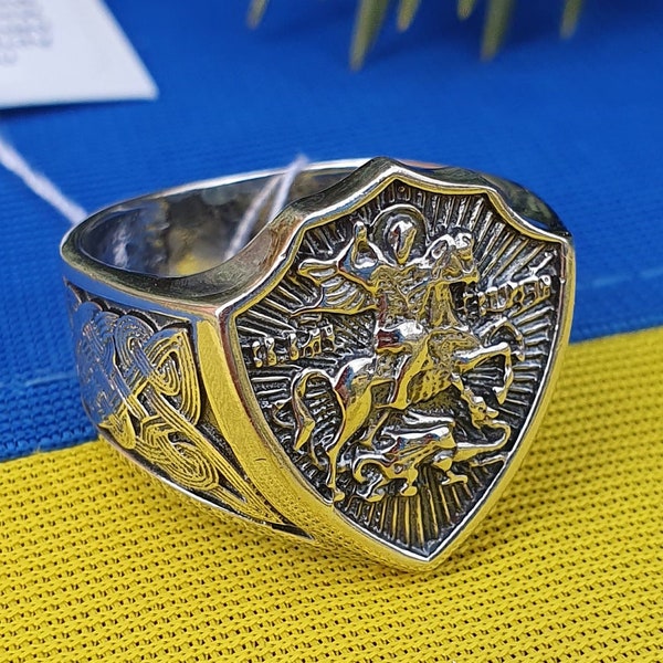 Bague en argent de George le Victorieux, Silver Saint George Signet Ring, bague en argent St George, Saint George Ring, Silver Sovereign Ring