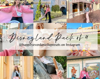 May include: A collage of images featuring Disneyland. The images include people in the park, churros, and park scenery. Text on the image reads "Disneyland Pack of 4" and "@happilyeverdaniellepresets on Instagram".