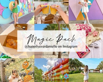 May include: A collage of images featuring a colourful hotel with a retro design, a woman wearing a white dress and a pink bag, a woman holding a drink, and a woman reading a book. The text "Magic Pack @happilyeverdanielle on Instagram" is displayed in the centre of the collage.