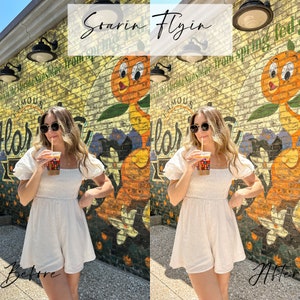 K&ouml;nnte beinhalten: Eine Frau in einem wei&szlig;en Kleid steht vor einer Backsteinmauer mit einem Wandbild eines Cartoon-Vogels. Das Wandbild enth&auml;lt auch den Text "Soarin Flyin" und "The Florida Sunshine from Spring Fed". Die Frau h&auml;lt eine Tasse Eiskaffee.