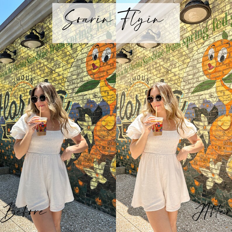 K&ouml;nnte beinhalten: Eine Frau in einem wei&szlig;en Kleid steht vor einer Backsteinmauer mit einem Wandbild eines Cartoon-Vogels. Das Wandbild enth&auml;lt auch den Text "Soarin Flyin" und "The Florida Sunshine from Spring Fed". Die Frau h&auml;lt eine Tasse Eiskaffee.