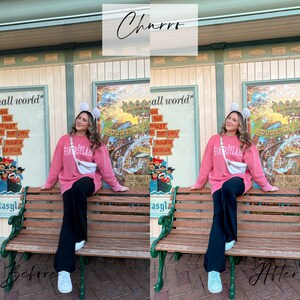 May include: A pink sweatshirt with "FANTASYLAND" printed on it, paired with black trousers and white trainers. A white bum bag is worn across the body. The image has the word "Churro" in the top center.