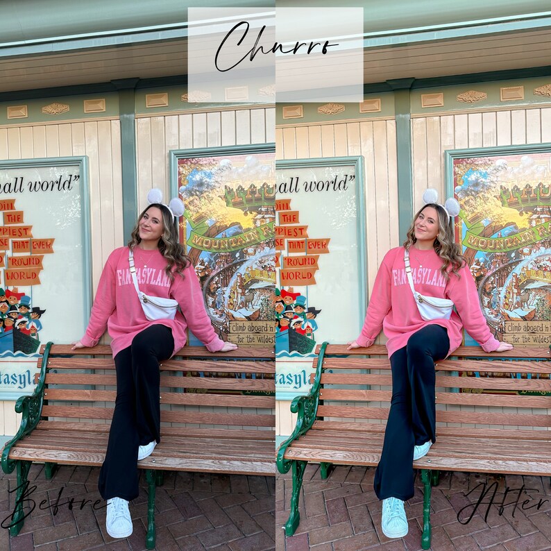 May include: A pink sweatshirt with "FANTASYLAND" printed on it, paired with black trousers and white trainers. A white bum bag is worn across the body. The image has the word "Churro" in the top center.