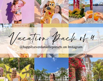 May include: A collage of photos from a holiday, featuring a person in a pink shirt with Mickey Mouse ears, a person with Pluto the dog, a red Japanese-style gate, a person holding a drink, a person holding a hot dog, a person in a white dress standing in front of a large butterfly sculpture, a person in a blue bikini by a pool, and a person in a white shirt standing in front of a building with pink flowers.