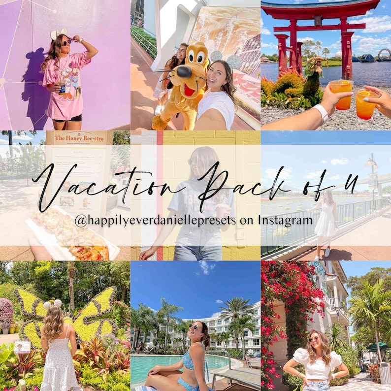 May include: A collage of photos from a vacation, featuring a person in a pink shirt with Mickey Mouse ears, a person with Pluto the dog, a red Japanese-style gate, a person holding a drink, a person holding a hot dog, a person in a white dress standing in front of a large butterfly sculpture, a person in a blue bikini by a pool, and a person in a white shirt standing in front of a building with pink flowers.