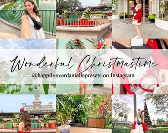 May include: A collage of photos featuring a woman in various locations at a Christmas-themed amusement park. The photos show her wearing a white dress, a red jumper, and a red jacket. The photos also show various Christmas decorations, including a Christmas tree, wreaths, and lights. The text "Wonderful Christmastime @happilyeverdaniellepresets on Instagram" is displayed on the collage.