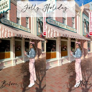 May include: A photograph of a Candy Palace shopfront with a person wearing pink trousers and a blue jacket. The building has a striped awning and the words "Candy Palace" are visible. The text "Jolly Holiday" is written across the top of the image.