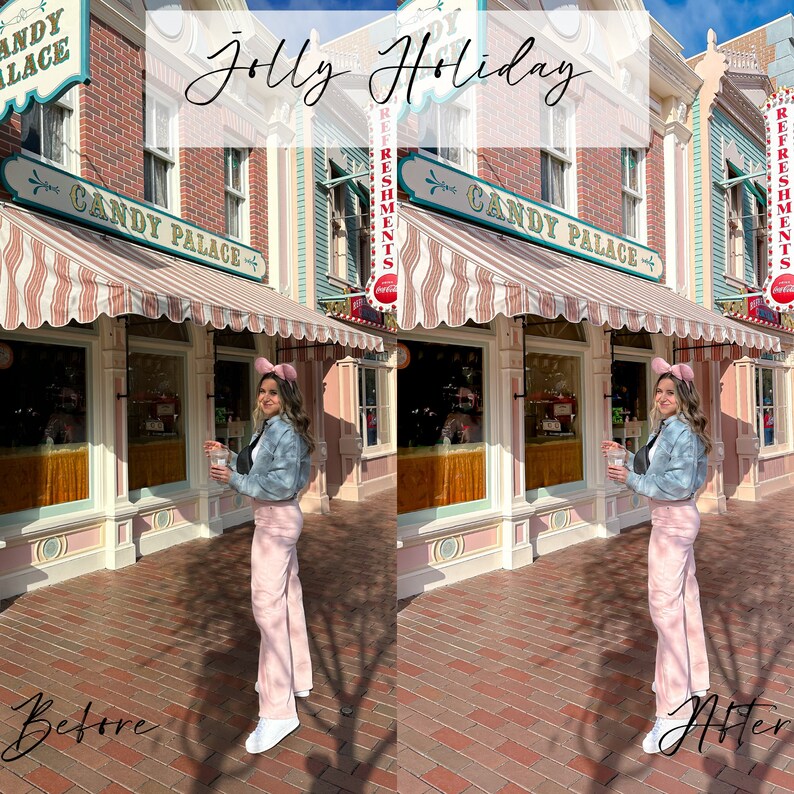 May include: A photograph of a Candy Palace shopfront with a person wearing pink trousers and a blue jacket. The building has a striped awning and the words "Candy Palace" are visible. The text "Jolly Holiday" is written across the top of the image.