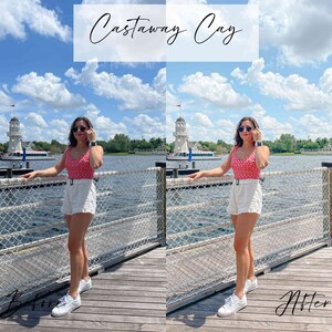 May include: A woman wearing a red and white patterned tank top, white shorts, and white sneakers poses on a wooden dock with a blue body of water behind her. The text "Castaway Cay" is written in white on a white background above the image. The text "Before" is written in black on a white background in the bottom left corner of the image. The text "After" is written in black on a white background in the bottom right corner of the image.