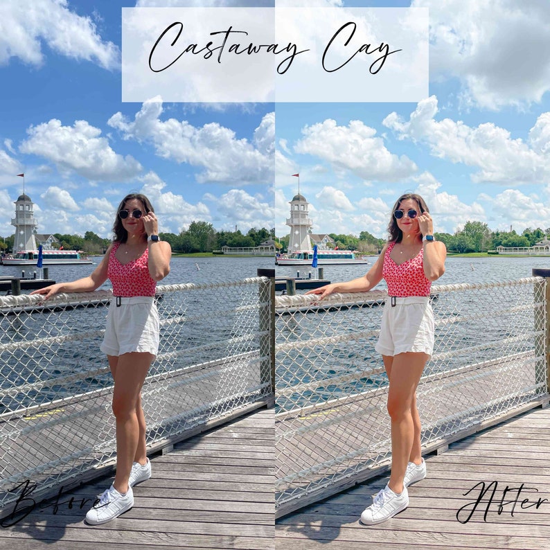 May include: A woman wearing a red and white patterned tank top, white shorts, and white sneakers poses on a wooden dock with a blue body of water behind her. The text "Castaway Cay" is written in white on a white background above the image. The text "Before" is written in black on a white background in the bottom left corner of the image. The text "After" is written in black on a white background in the bottom right corner of the image.