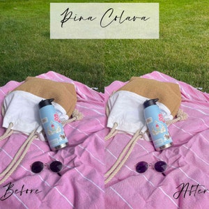 May include: A before and after photo of a pink and white striped beach towel with a brown woven bag, a white bag, a blue water bottle with a sticker, and sunglasses. The text "Before" is written on the left side of the image and "After" is written on the right side of the image.