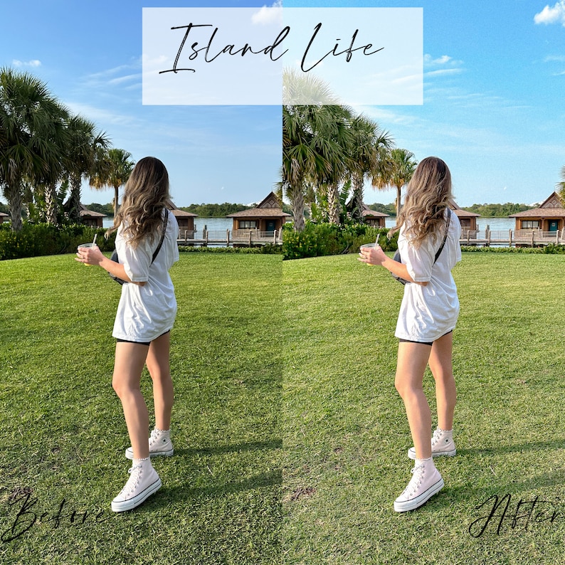 K&ouml;nnte beinhalten: Vorher-Nachher-Foto einer Person, die ein wei&szlig;es T-Shirt, schwarze Shorts und rosa Turnschuhe tr&auml;gt und auf einem Rasen steht. Die Person h&auml;lt ein Getr&auml;nk in der rechten Hand. Der Hintergrund zeigt ein Gew&auml;sser und Holzh&auml;user. Der Text "Island Life" ist oben im Bild in Wei&szlig; auf wei&szlig;em Hintergrund geschrieben.