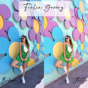 K&ouml;nnte beinhalten: Eine Frau in einem gr&uuml;nen Blumenkleid und einem wei&szlig;en Stirnband posiert vor einer Wand mit gro&szlig;en blauen, gelben und violetten Blumen. Der Text "Feelin Groovy" ist in Wei&szlig; auf rosa Hintergrund oben im Bild geschrieben. Der Text "Before" ist in Schwarz unten links im Bild geschrieben und der Text "After" ist in Schwarz unten rechts im Bild geschrieben.
