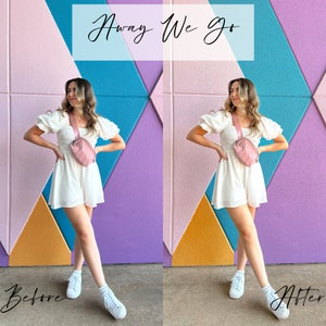 K&ouml;nnte beinhalten: Eine Frau in einem wei&szlig;en Kleid und wei&szlig;en Turnschuhen steht vor einer farbenfrohen geometrischen Wand. Sie tr&auml;gt eine rosa Umh&auml;ngetasche. Der Text "Away We Go" ist &uuml;ber ihr an der Wand geschrieben. Die W&ouml;rter "Vorher" und "Nachher" stehen unten im Bild.