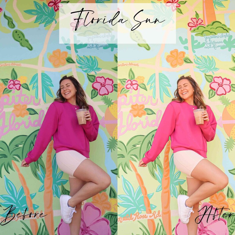 May include: A woman wearing a pink sweatshirt and white shorts stands in front of a colorful mural with the words "Glitter Florida" painted on it. She is holding a cup of coffee in her right hand. The mural also features palm trees, pineapples, and flowers.