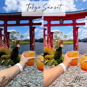 May include: Two orange cocktails with a slice of orange in each, held by a person's hand in front of a red Japanese-style gate and a green dragon topiary. The text "Tokyo Sunset" is written in white on a white background above the image. The text "Before" is written in black on a white background in the bottom left corner of the image. The text "After" is written in black on a white background in the bottom right corner of the image.