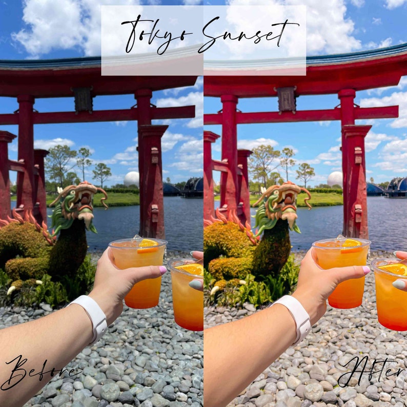 May include: Two orange cocktails with a slice of orange in each, held by a person's hand in front of a red Japanese-style gate and a green dragon topiary. The text "Tokyo Sunset" is written in white on a white background above the image. The text "Before" is written in black on a white background in the bottom left corner of the image. The text "After" is written in black on a white background in the bottom right corner of the image.