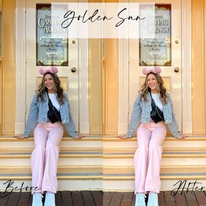 May include: A woman in a denim jacket, white top, pink trousers, and white trainers sits before a yellow door. She wears a black bum bag and pink mouse ears. The door has the text "Disneyland Casting Agency" and "Golden Sun".