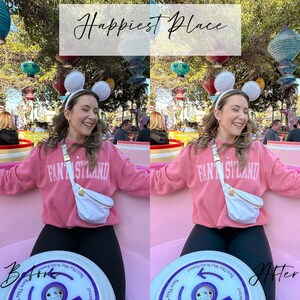 May include: A woman in a pink sweatshirt with "FANTASYLAND" printed on it, a white fanny pack, and a headband with mouse ears. The image is labeled "Happiest Place" and shows a ride at an amusement park.