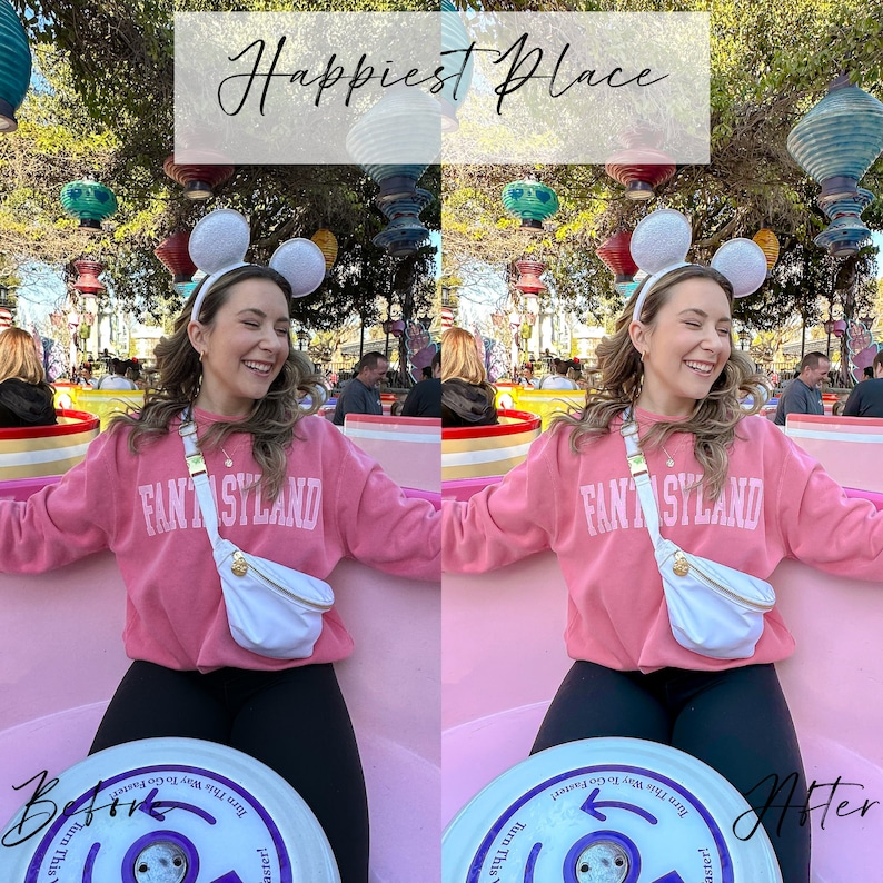 May include: A woman in a pink sweatshirt with "FANTASYLAND" printed on it, a white fanny pack, and a headband with mouse ears. The image is labeled "Happiest Place" and shows a ride at an amusement park.