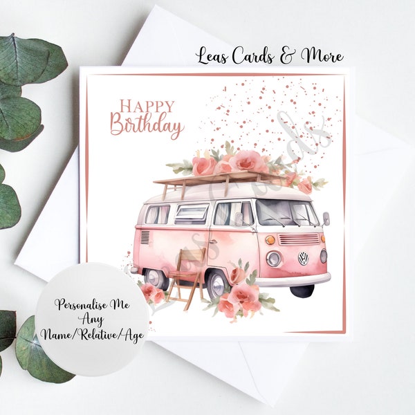 VARIOUS COLOUR DESIGNS - Handmade Camper Van Happy Birthday Card, Camper Van Birthday Card, Pink Camper Van Birthday Card, Blue Camper Van