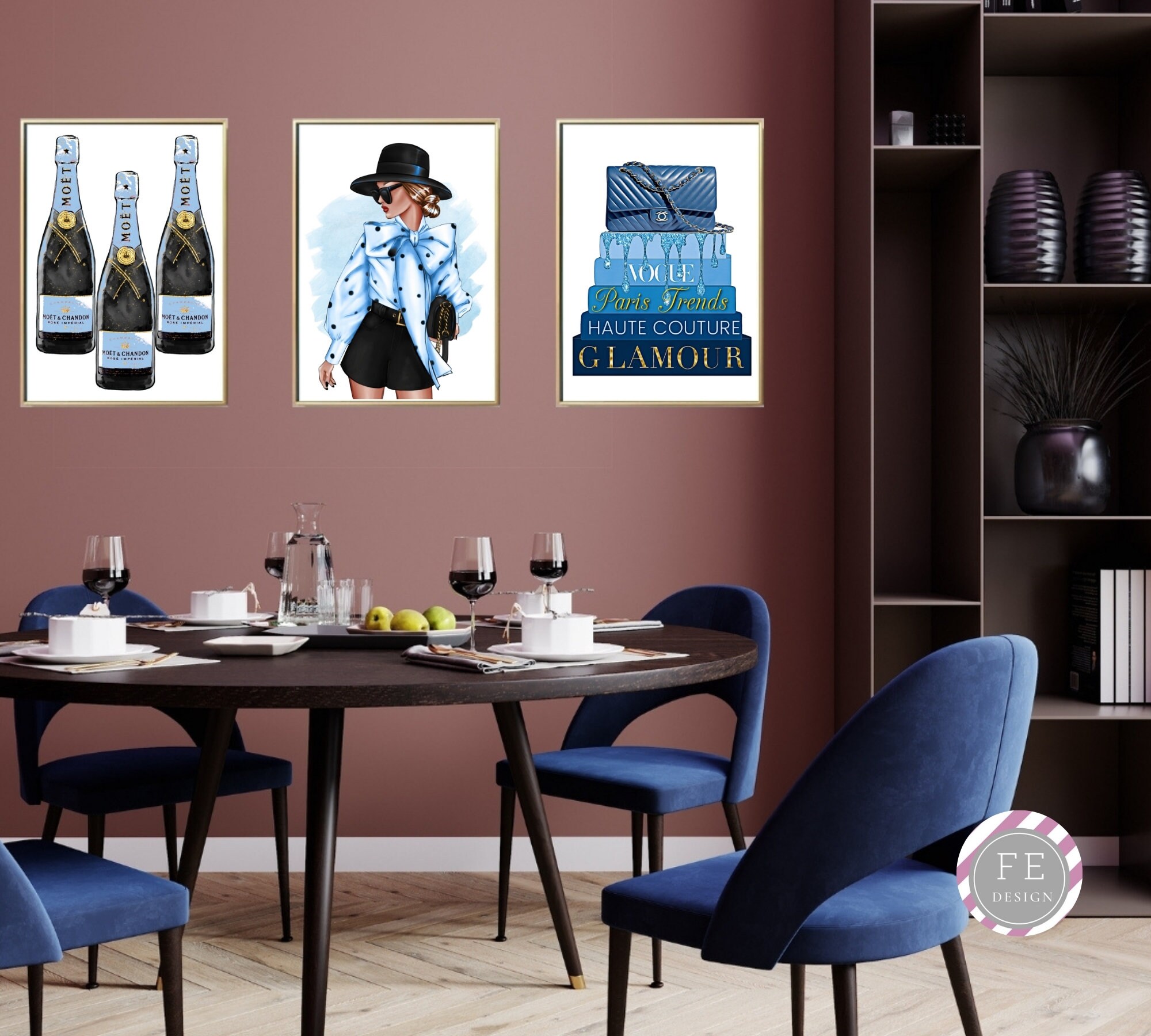 Champagne muur kunst Blue Fashion Wall Art Set Fashion Art Etsy