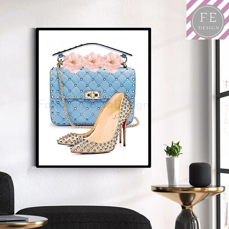 Rockstud handbag Wall Art Blue Handbag print high heels | Etsy