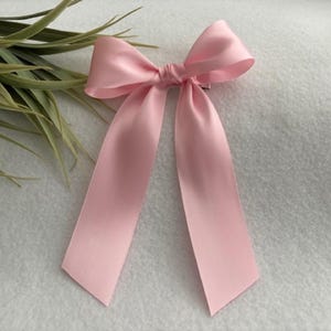 May include: A light pink satin bow with long, flowing tails. The bow is tied in the center and sits on a white surface. Green leafy plant stems are visible in the upper left corner.