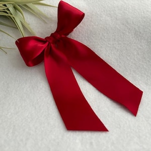 Scarlet Red Satin Long Tail Hair Bow, Hair Bow, Baby Headband, Toddler Headband, Hair Bow Clip, Pigtail Bows