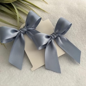 May include: Two light blue satin ribbon bows on a white background.
