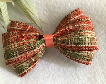 Fall Orange and Green Plaid Bow,  Halloween or Thanksgiving Day Hair Bow, Baby Headband, Toddler Headband, Hair Bow Clip, Pigtail Clips,