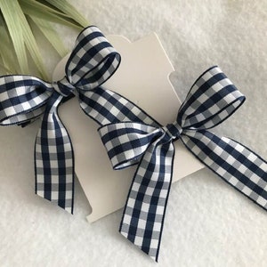 May include: Two blue and white gingham ribbon bows tied together.