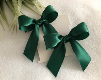 Forest Green Satin Pigtail Hair Bow Set, Baby Hair Bows, Toddler Bows, Christmas and St Patrick's Day Bows