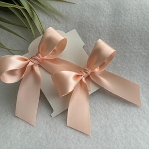 May include: Two peach-colored satin bows on a white card. The bows are tied with a single loop and have long tails.