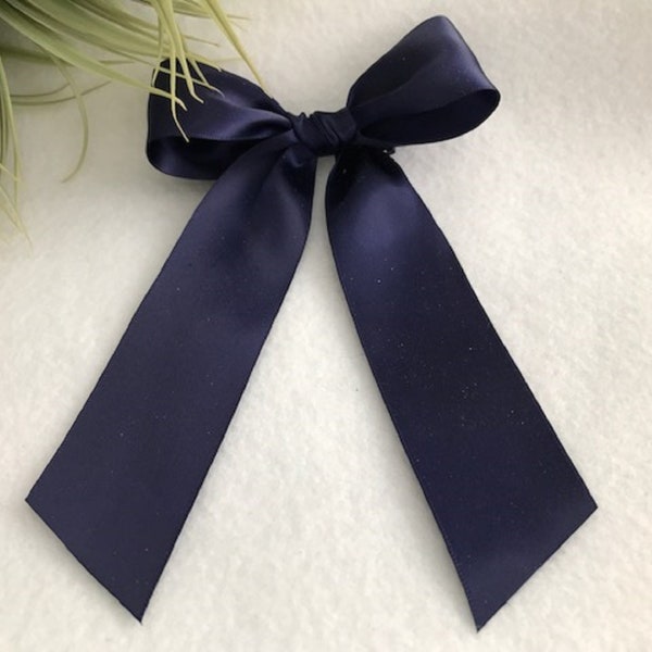 Navy Satin Long Tail Hair Bow, Hair Bow, Baby Headband, Toddler Headband, Hair Bow Clip, Pigtail Bows