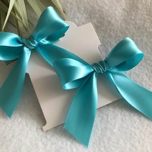 May include: Two turquoise satin bows with long tails are displayed on white cardstock. The bows are tied in the center and have a glossy sheen. The background is a soft, white, textured surface.