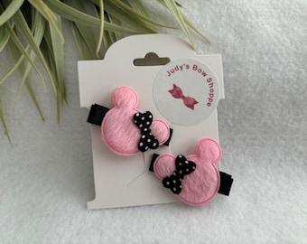 Pinzas para el pelo de Minnie Mouse rosa y lazo con coletas