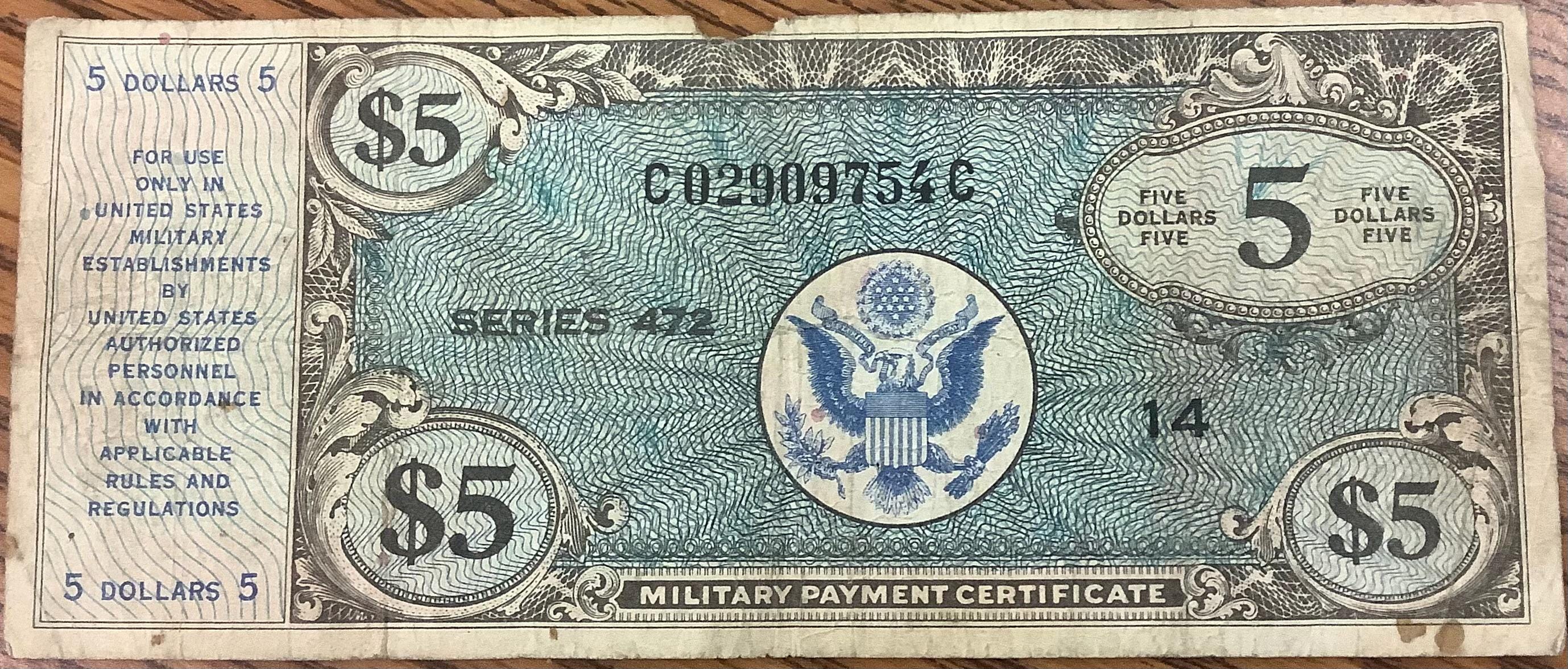 Rare Early Korean War 1950 Military Payment Certificate Series 472