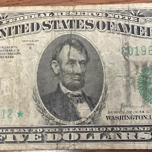Serie von 1934 C Fünf (5) Dollar-Stern-Ersatz-Note Note der US-Notenbank Fed Notenbank von Chicago