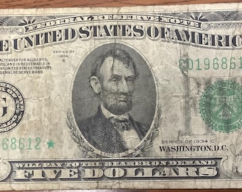 Series of 1934 C Five (5) Dollar Star-Replacement Note United States Federal Reserve Note Federal Reserve Bank of Chicago