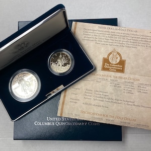 1992 United States Mint The Columbus Quincentenary Coins 2-Coin Proof Set - Proof Silver Dollar and Half Dollar w/Box and COA